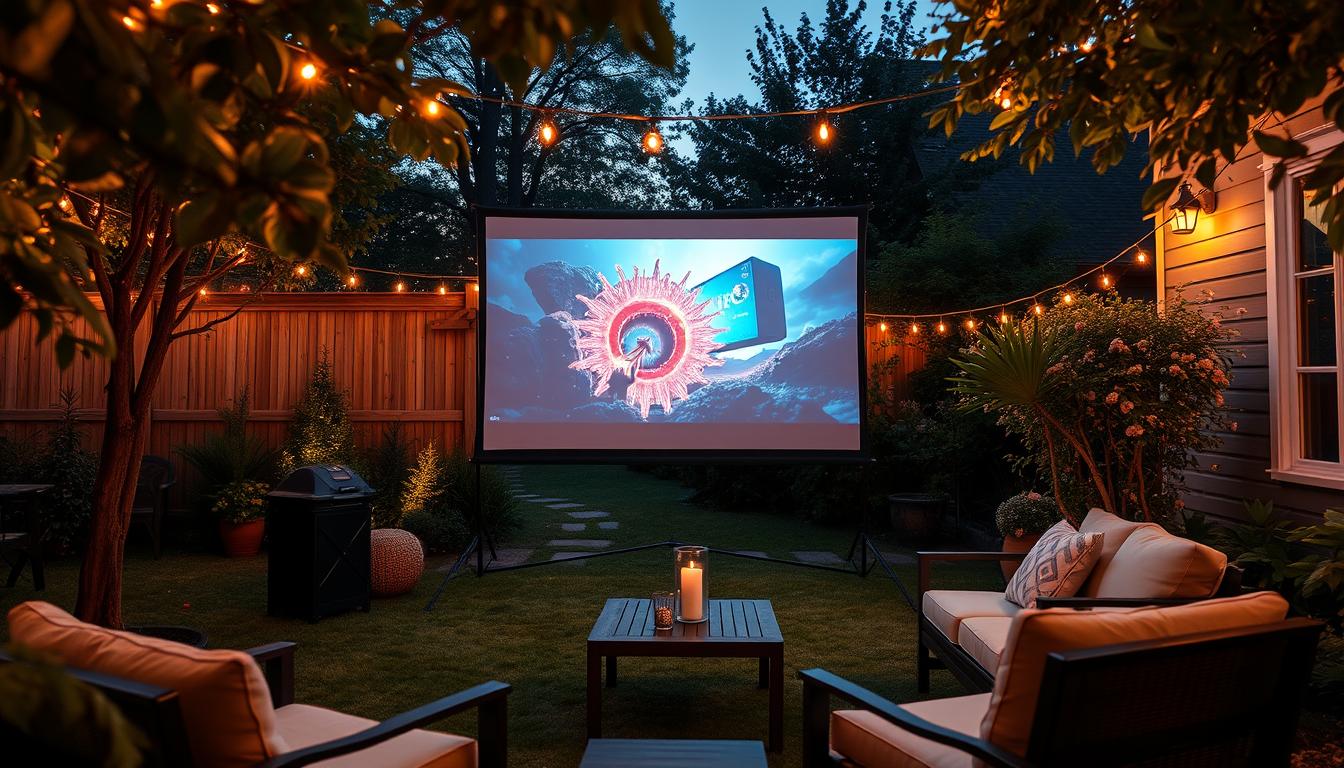 Freestanding outdoor projection screen at dusk