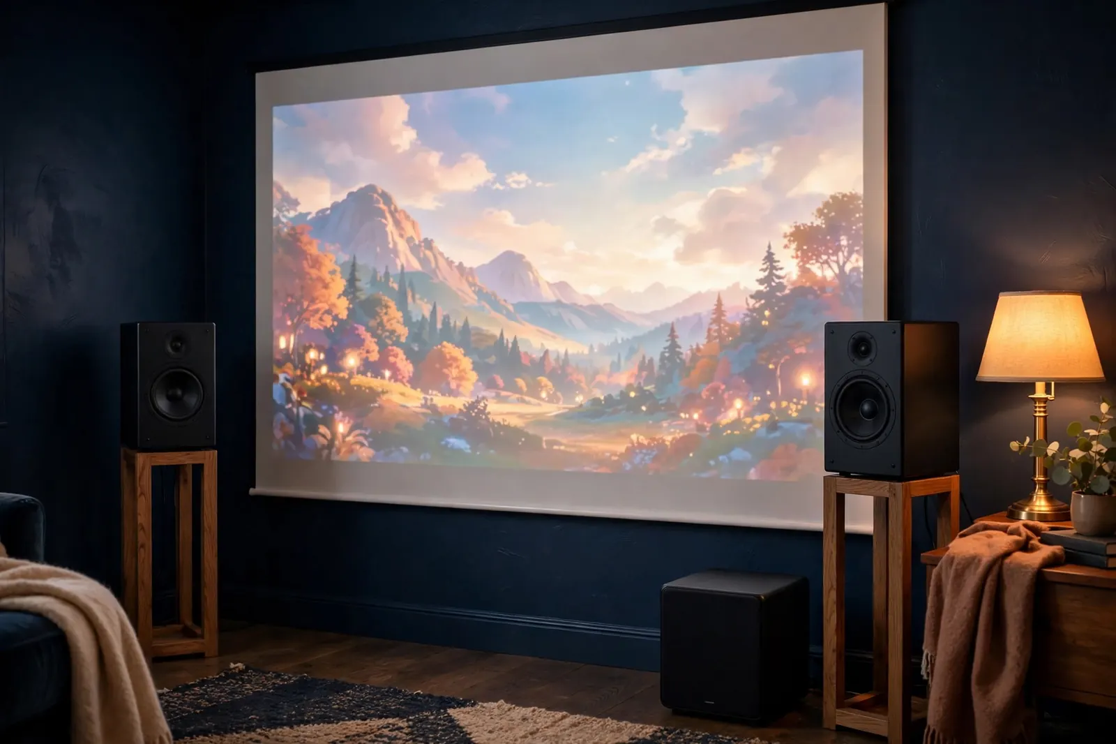 Bookshelf speakers and a subwoofer beside a glowing projector screen in a warm home theater