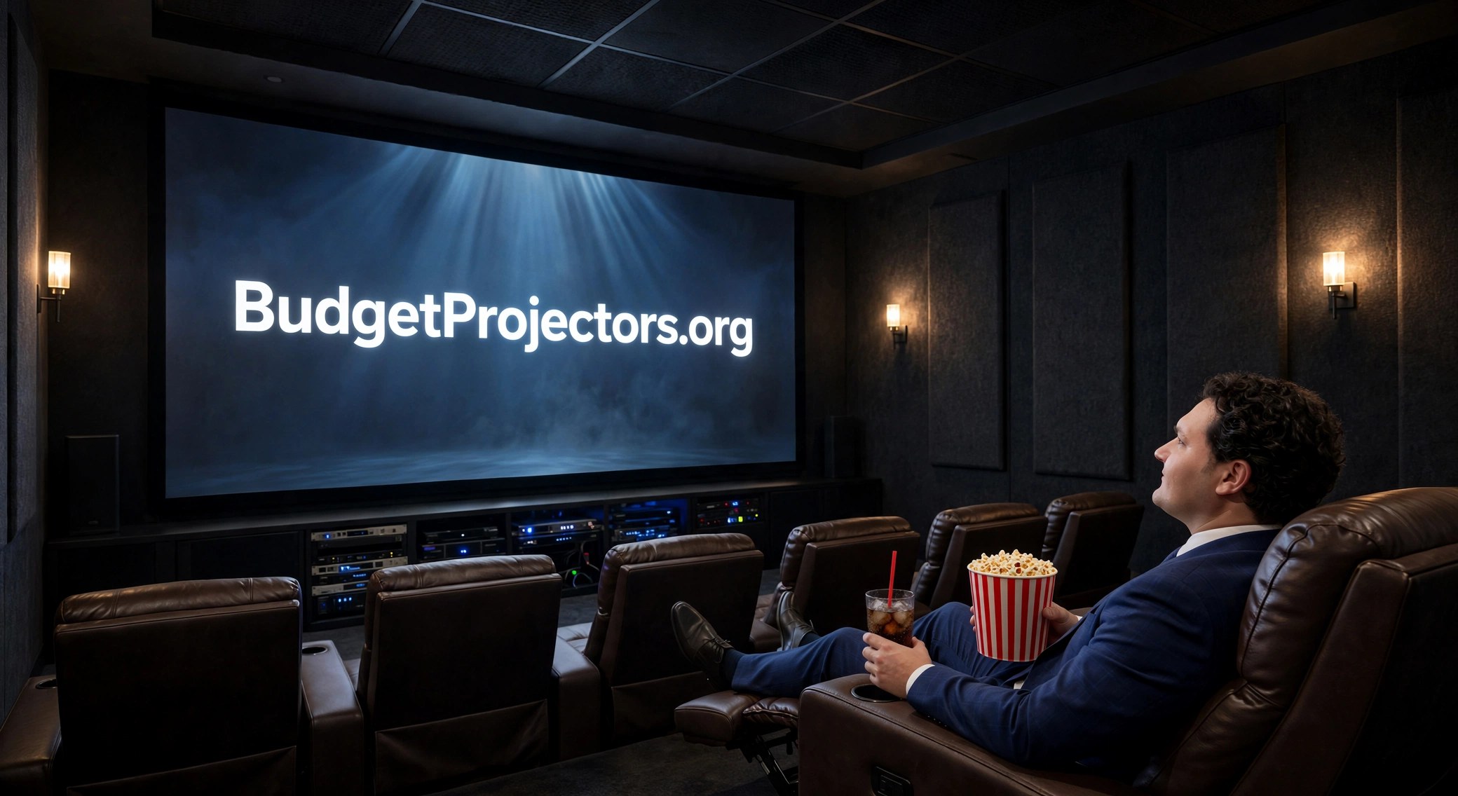Brandon reclined in a home theater seat with popcorn and a soda, watching a projector screen