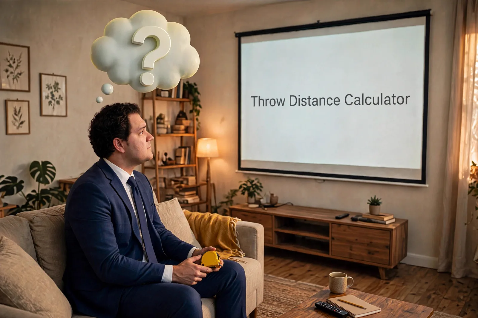 Brandon on a couch holding a tape measure, looking at a projector screen reading Throw Distance Calculator