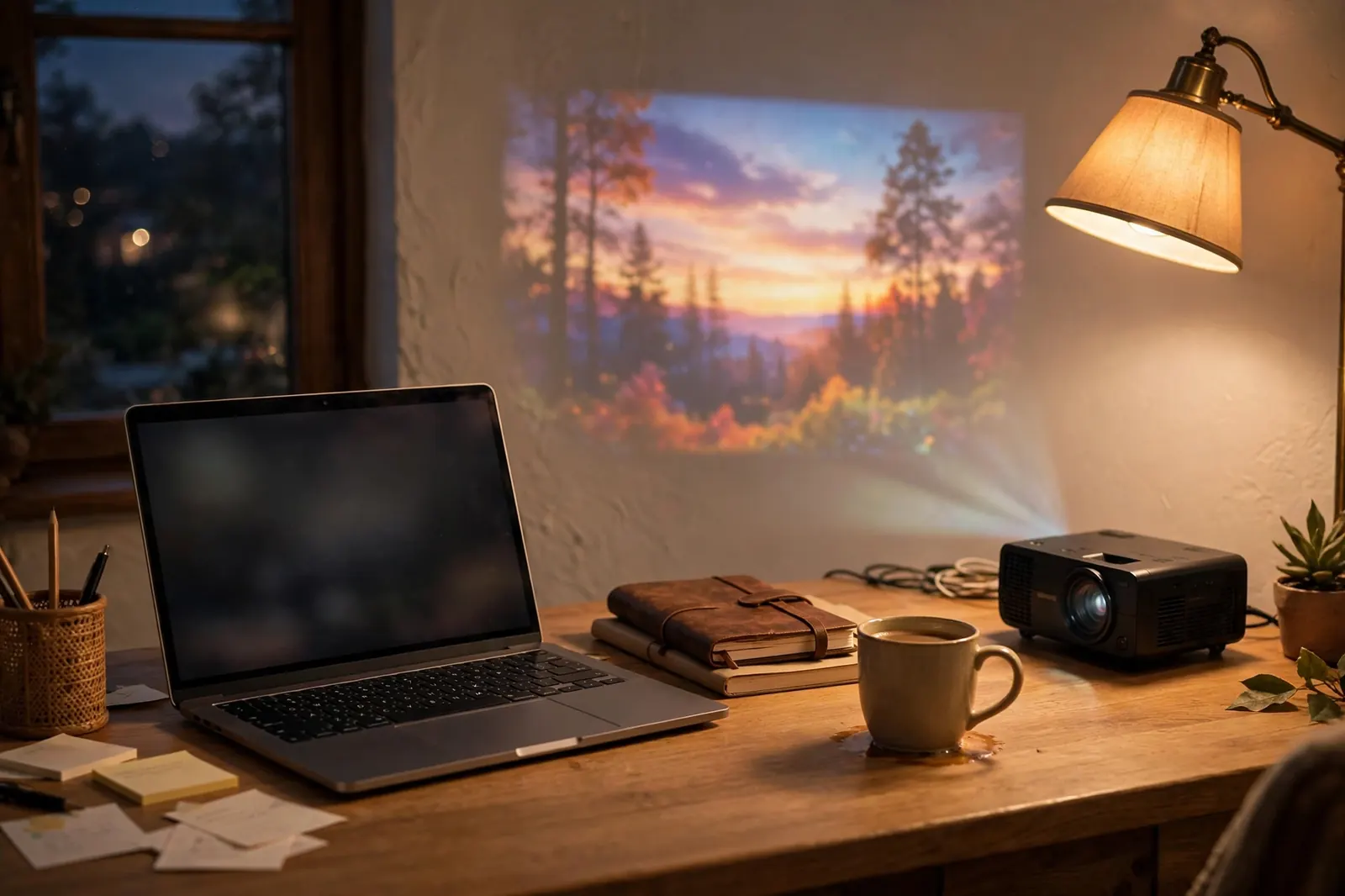 Warm home office desk with a laptop, notes, and a compact projector beaming a movie onto the wall
