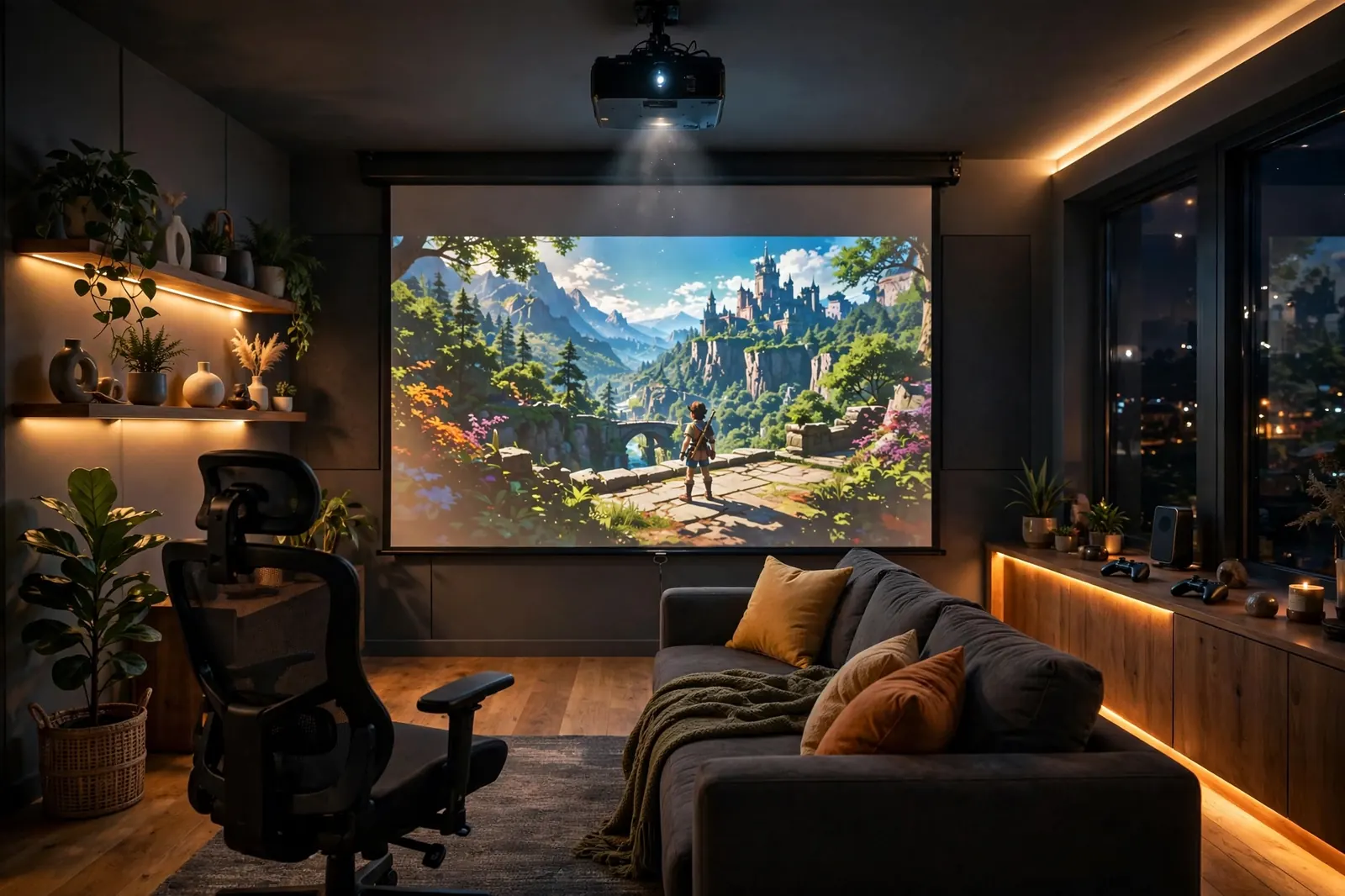 Gaming room with a projector casting a video game onto a large screen in warm ambient light