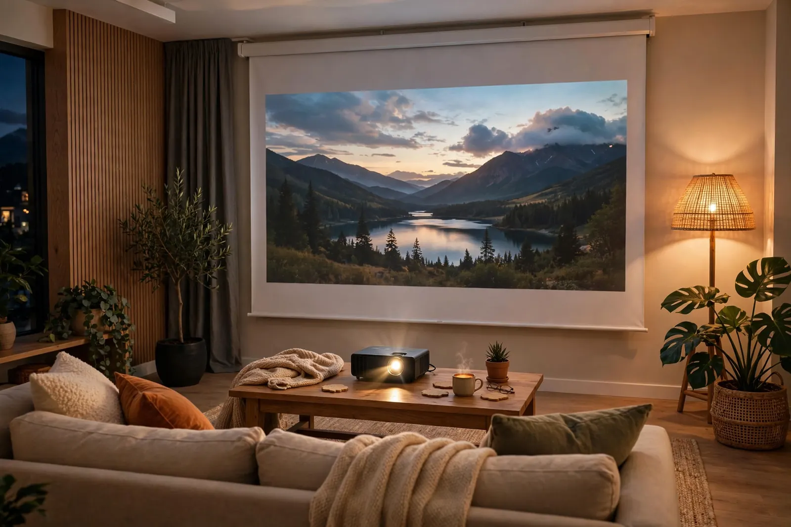 Cozy living room with a projector on a coffee table casting a movie onto a pull-down screen in the evening