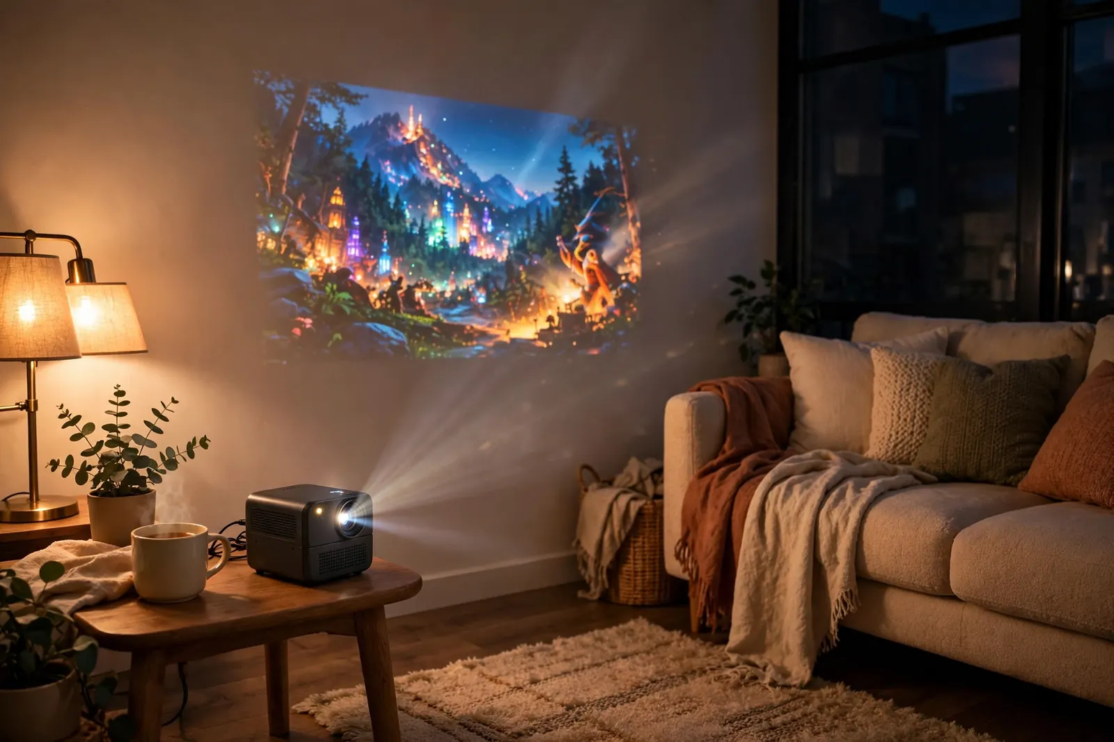 Compact portable projector casting a colorful movie onto a living room wall at night