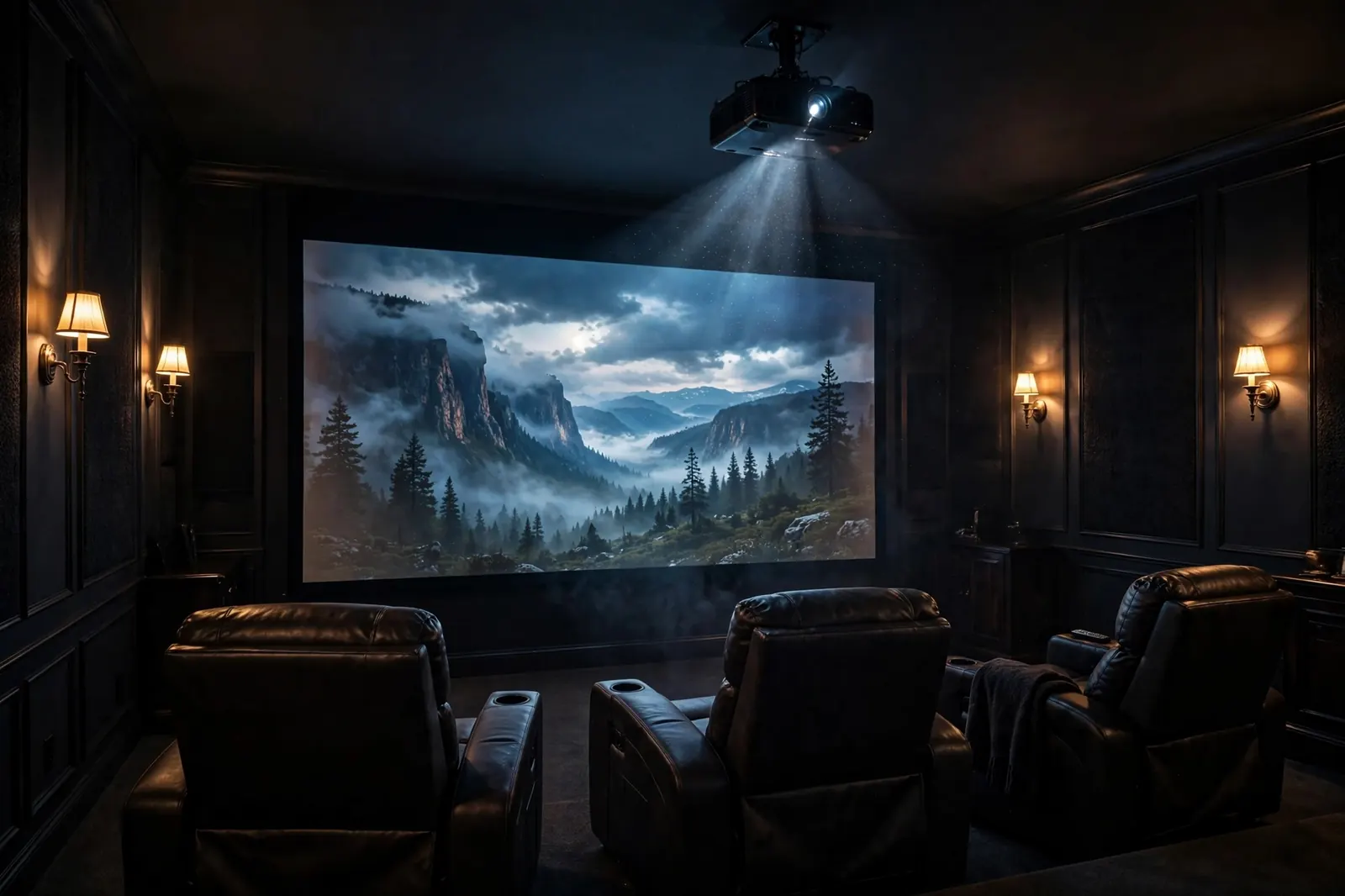 Ceiling-mounted projector casting a beam of light onto a large glowing screen in a dark home theater